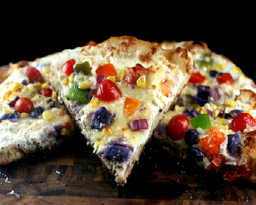 Three Cheese Roasted Garlic Rainbow Vegetable Pizza 