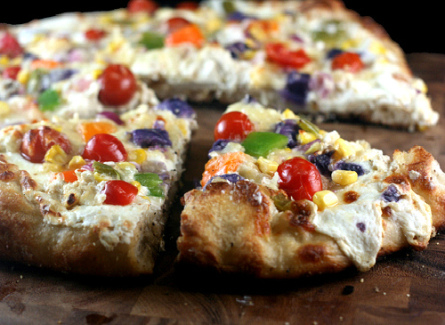 Three Cheese Roasted Garlic Rainbow Vegetable Pizza 