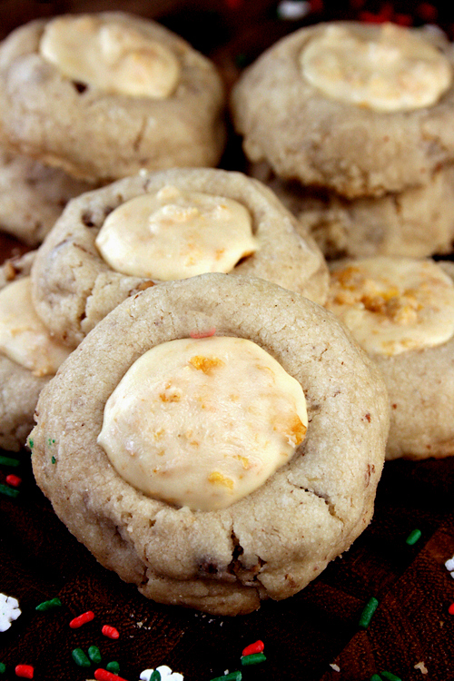 Butter Pecan White Chocolate Crunch Thumbprint Cookies